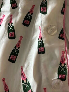 White Pajama Top with Pink & Green Champagne Bottle Print - ACCEPTING OFFERS